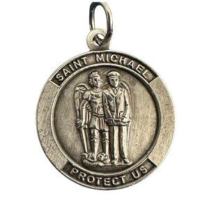 St Saint Michael Patron Of Police Officer Pendant Round Medal Sterling Silver